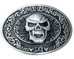 Skull With Fangs Belt Buckle Metal Gothic Ornate Antiqued Silver & Black New