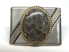 Vintage MCM Polished Oval Petosky Stone Gold & Silver -Toned Belt Buckle