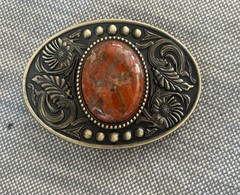 Burnt Orange Stone Western Belt Buckle Agate Inlay Cowboy Brass 1.5in Strap Fit