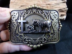 Men&rsquo;s Belt Buckle &lsquo;Cowboy Prayer,&rsquo; Brass with Silver Tone Cowboy, Horse & Cross