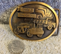 Triple S Advertising Belt Buckle Brass Tone Metal Excavating Equip NOS Spec Cast