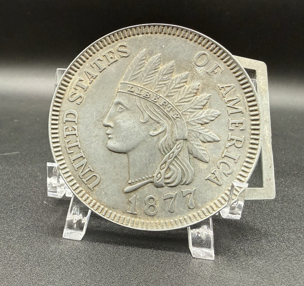 vintage INDIAN HEAD oversized Penney 1877 belt buckle COIN silver dollar WESTERN