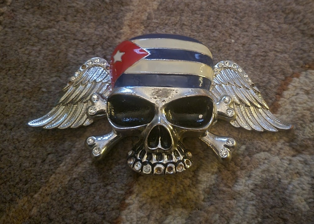 VINTAGE METAL CHROME with ENAMEL 6 1/4&Prime; SKULL WITH WINGS BELT BUCKLE