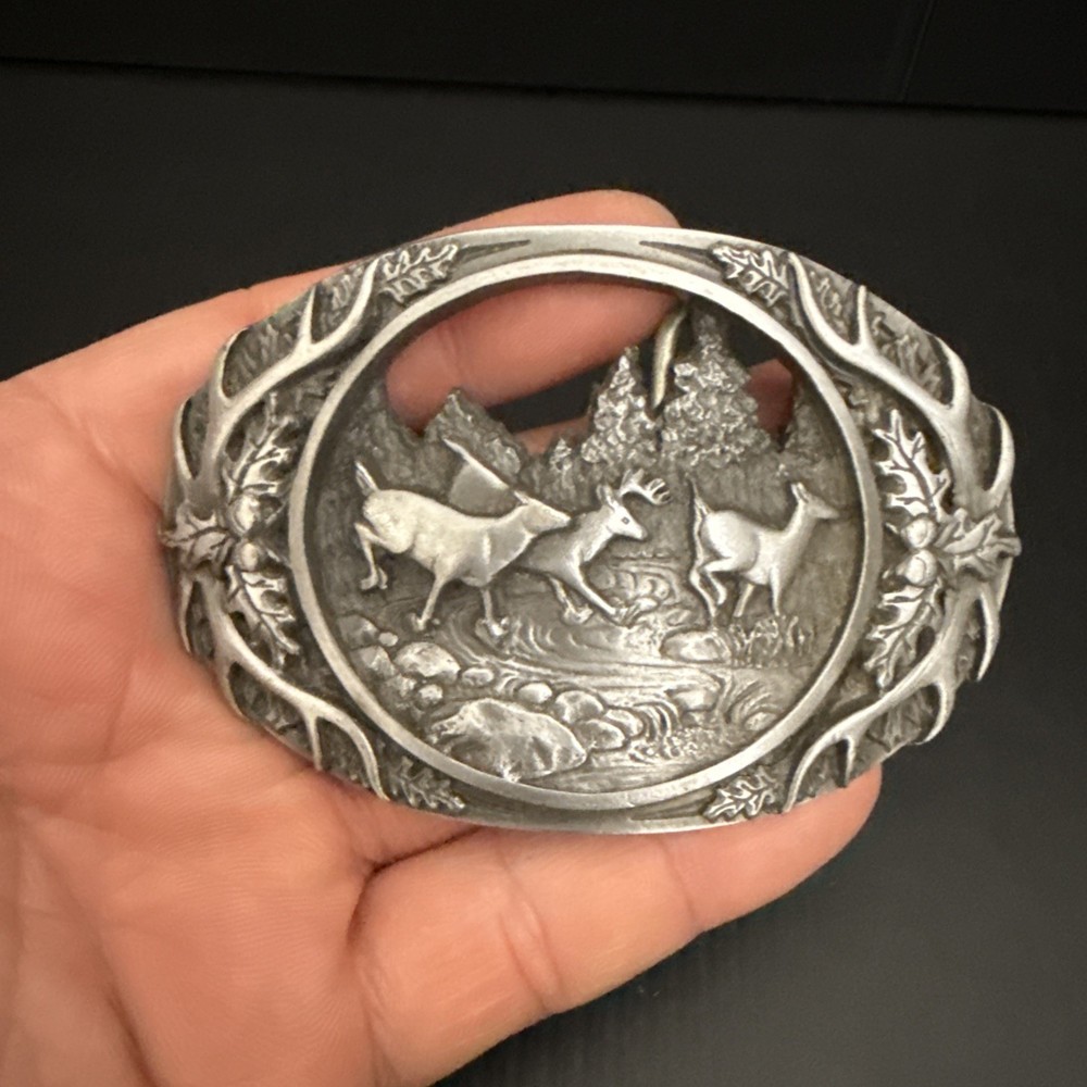 NICE PEWTER 1990 C + J INC DEER SCENE AND ANTLER BELT BUCKLE MADE IN USA