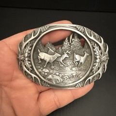 NICE PEWTER 1990 C + J INC DEER SCENE AND ANTLER BELT BUCKLE MADE IN USA