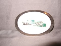 Franklin Co Tractor Oval Belt Buckle Cream & Green Inlay 3 3/4&Prime; f/s VGC