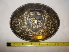 Vtg SINALOA 6&Prime; Silver Brass BULL RIDER Rodeo WESTERN Mexican CARTEL Belt BUCKLE