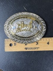 Vintage Crumrine Western Rodeo Team Roping Oval Belt Buckle Heavy Silver Bronze