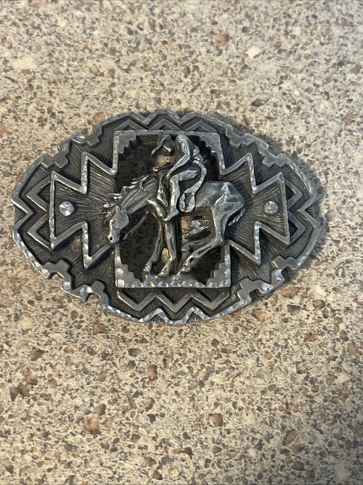 Diamond Cut Pewter Man Riding Horse Belt Buckle