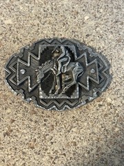 Diamond Cut Pewter Man Riding Horse Belt Buckle