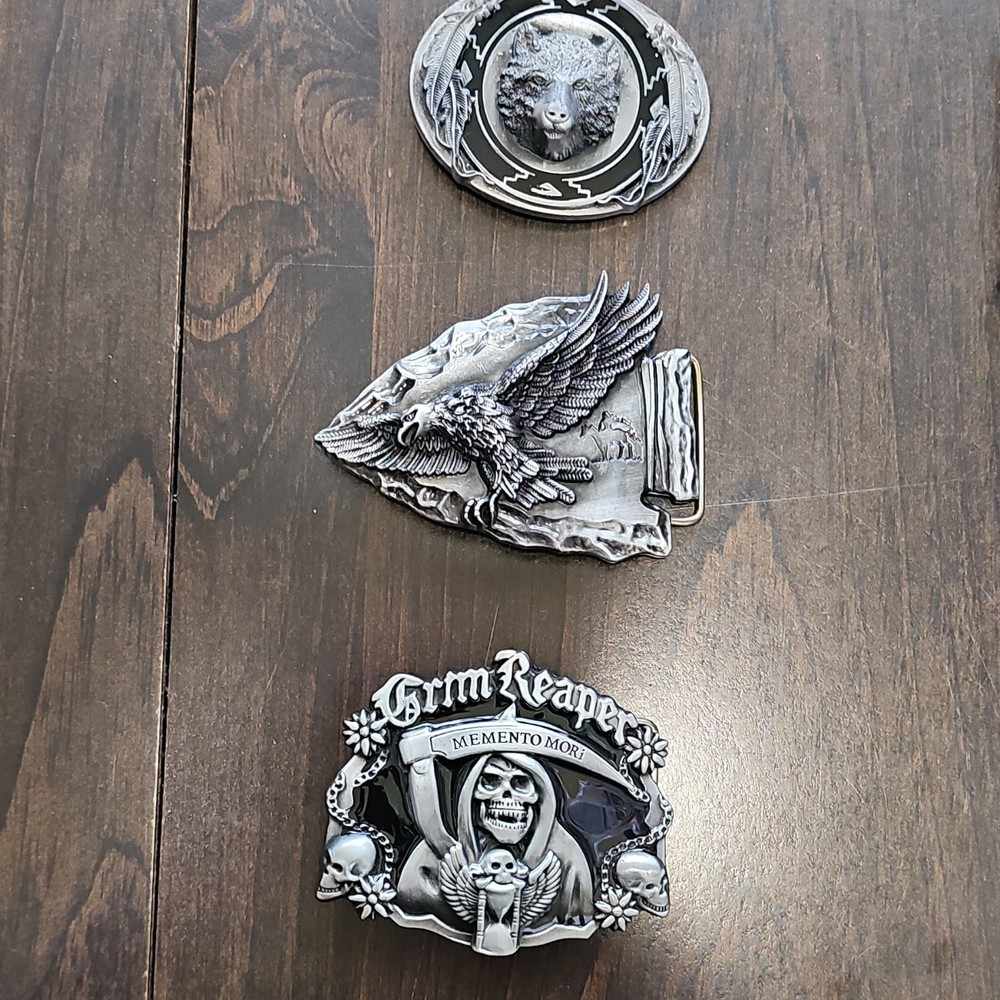 Lot of 3 Metal Western Belt Buckles Eagle, Skull, Buffalo 1.5&Prime;