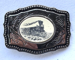 VINTAGE SILVER TONE FAUX SCRIMSHAW TRAIN LOCOMOTIVE ENGINE BELT BUCKLE