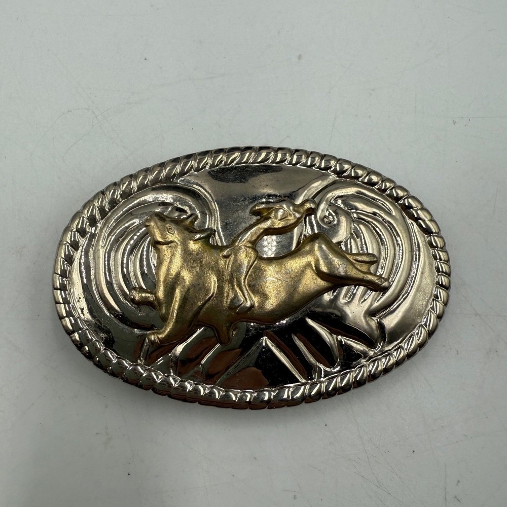 Vintage Western Bull Riding Belt Buckle Silver Gold Tone Rodeo Cowboy Oval 3.5&Prime;