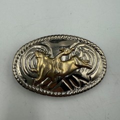 Vintage Western Bull Riding Belt Buckle Silver Gold Tone Rodeo Cowboy Oval 3.5&Prime;