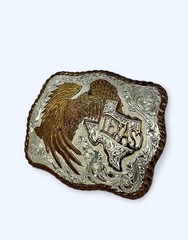 Vintage Crumrine Two-Tone Silver Gold Eagle Texas State Western Belt Buckle USA