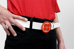 Red Silver Pop Buckle Peach Four Leaf Clover White Leather Round Adjustable Belt
