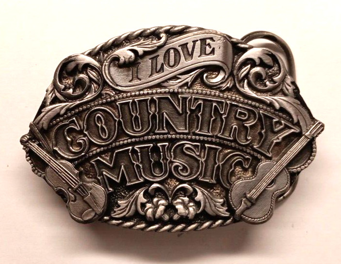 VINTAGE BELT BUCKLE – I LOVE COUNTRY MUSIC 1988 SISKIYOU