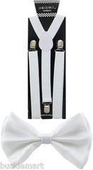 White SUSPENDERS and BOW TIE COMBO SET Wedding Adjustable suspender bowtie