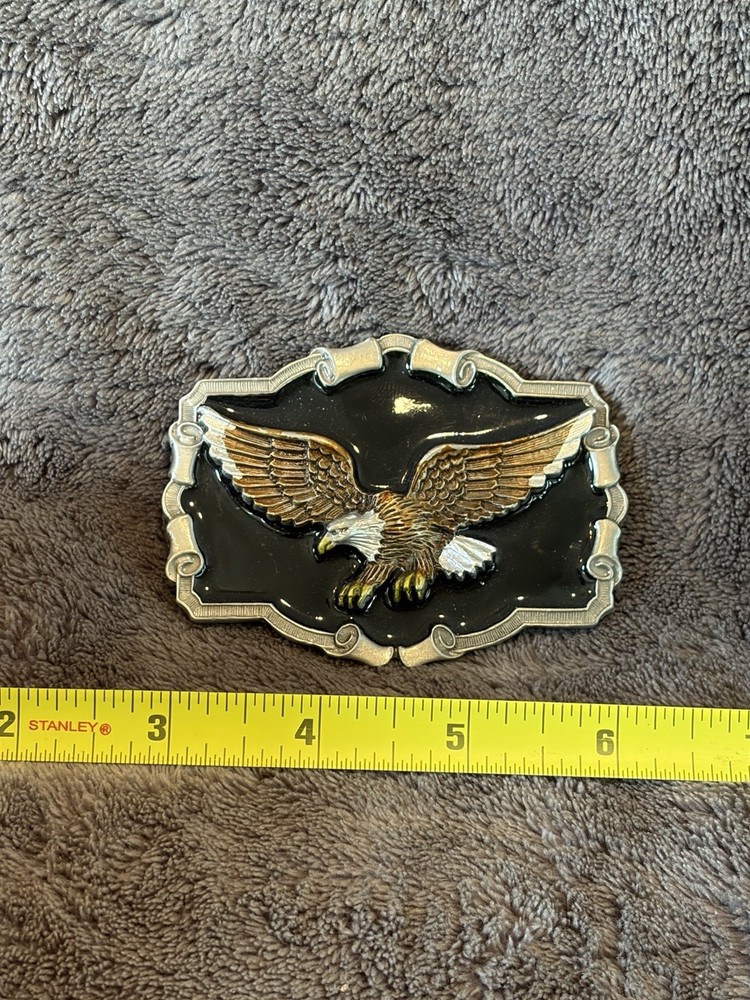 Vintage 1980s Great American Belt Buckle Co- Pewter & Enamel American Bald Eagle