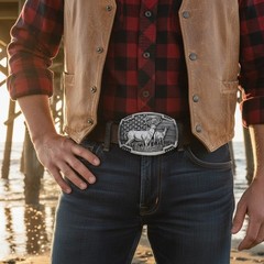 Men Dark Silver Color Metal Belt Buckle Deer Nature Hunter Western Biker Fashion