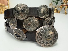 Vintage Native American Sterling Concho Belt Signed Hand Stamped Leather Long