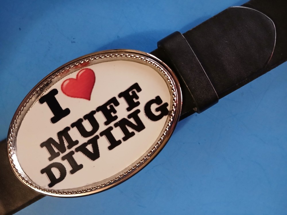 I LOVE ❤️ MUFF DIVING Epoxy PHOTO BUCKLE & Black Belt. New