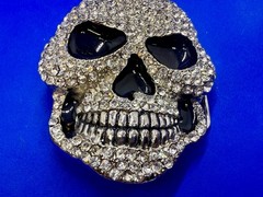 Creepy Skull Grinning Teeth Black Enamel Clear Rhinestone Covered Belt Buckle