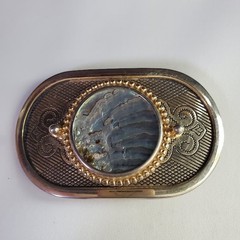 Western Gold Tone Belt Buckle Round Abalone Shell Look Metal Cabochon Insert
