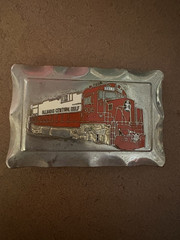 Burlington Route Train Belt Buckle Red Diesel Locomotive Silver Tone Railroad