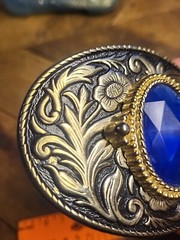 Western Style Belt Buckle Silver/Gold Tone Blue/purple Center Floral Pattern
