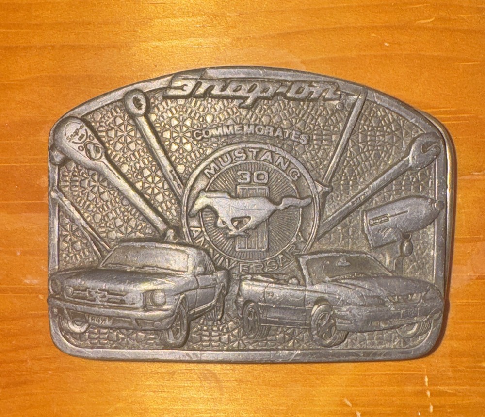 1990s Snap On Pewter Belt Buckle Commemorative 30 Year Ford Mustang SSX1820 USA