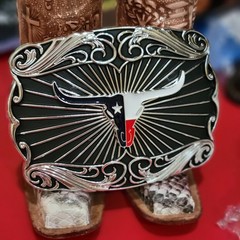 Longhorn Cowboy Belt Buckle Western Hebilla Rodeo Silver & Black