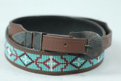 UNCLE SAM W Sterling Silver Buckle Navajo Native Turquoise Beaded Leather BELT