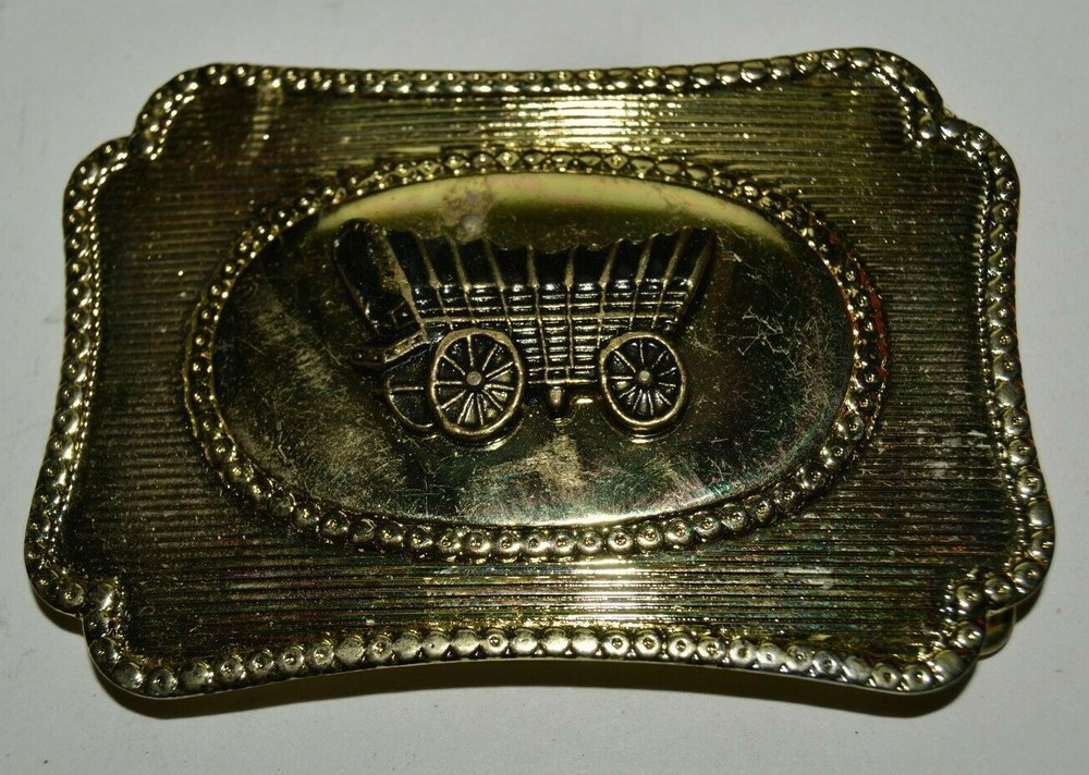 Vintage Golden Metal Western Cowboy Covered Wagon Trail Belt Buckle Hong Kong