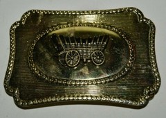 Vintage Golden Metal Western Cowboy Covered Wagon Trail Belt Buckle Hong Kong