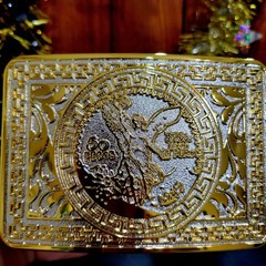 Centenario Cowboy Belt Buckle Western Hebilla Rodeo Silver & Gold Faux 50 Peso