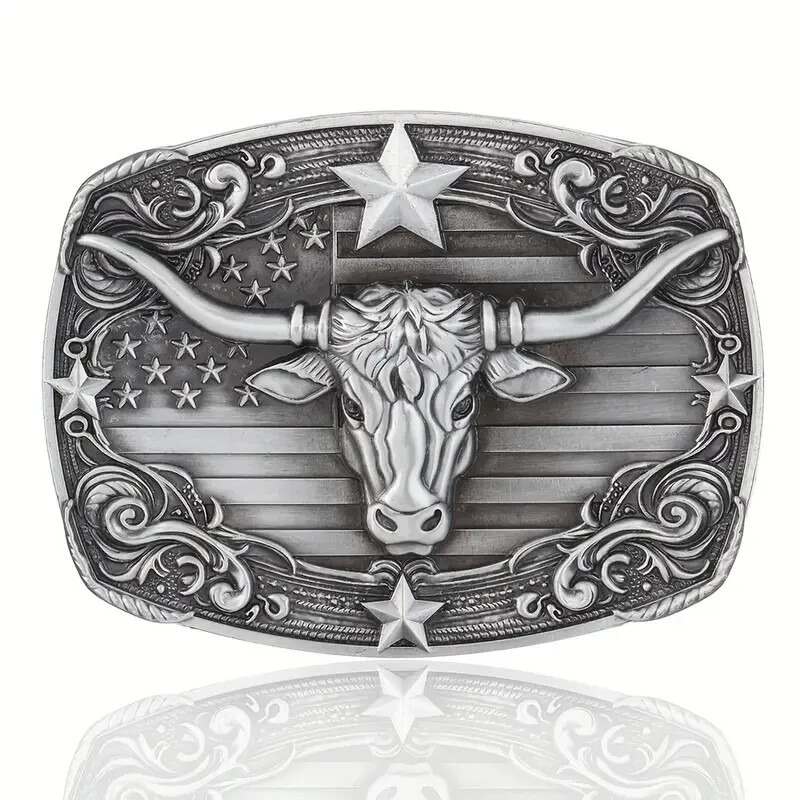 American Flag Bull Western Cowboy, Cowgirl Belt Buckle Antique Tone, Southwest