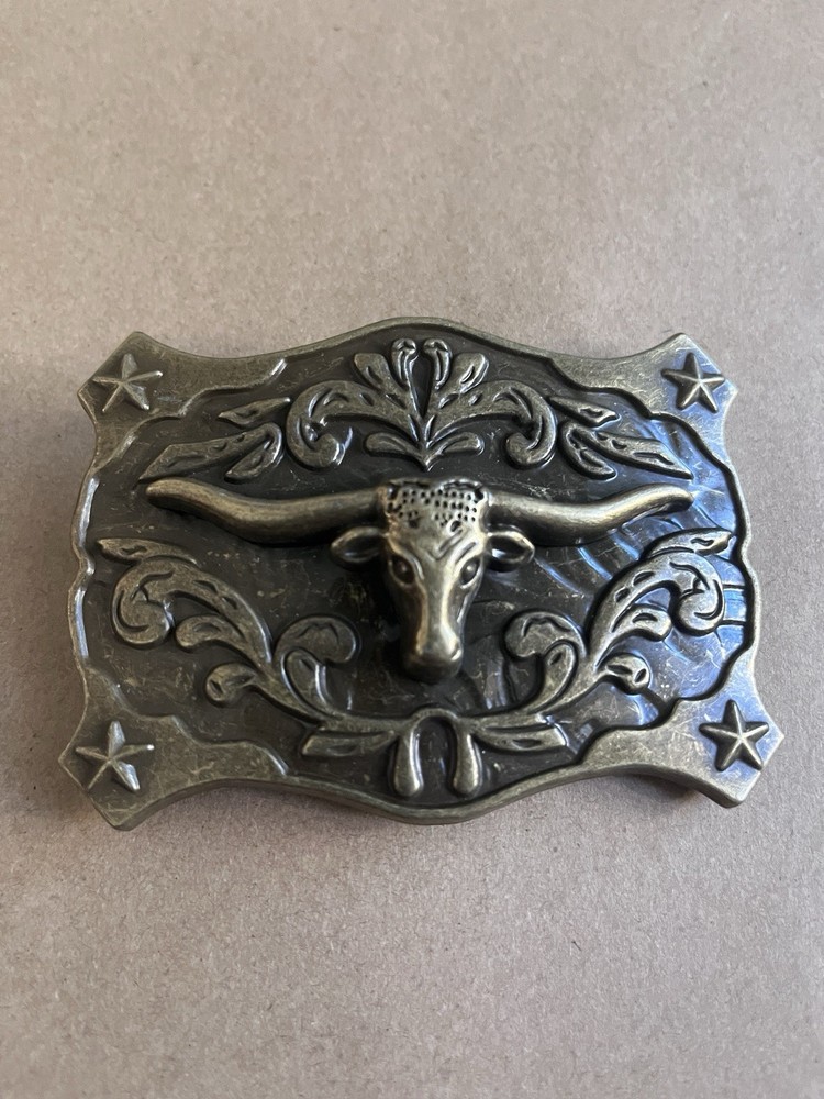 New Ancient Gold Patina Western Cowboy Belt Buckle Symmetrical Bull Head Buckle