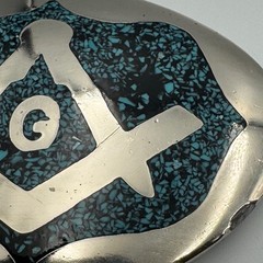 Vintage Masonic Belt Buckle Turquoise Chip Inlay Compass Silver Tone