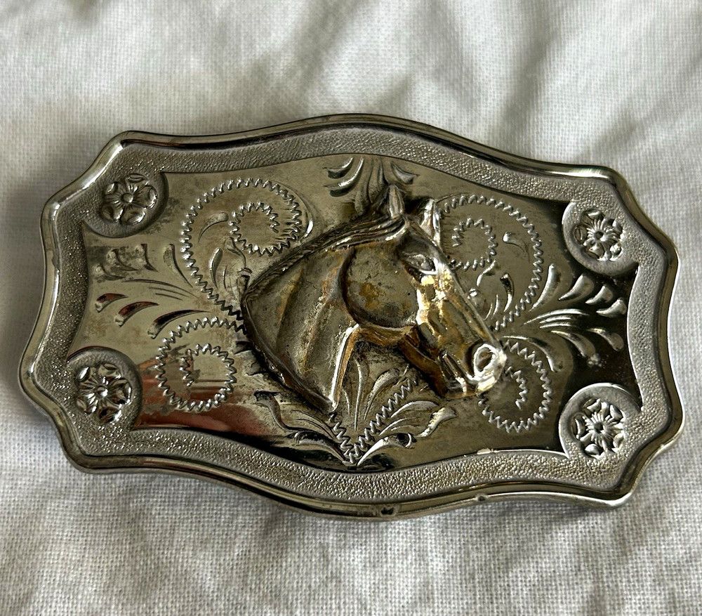 Silver Western Horse Head Floral Engraved Belt Buckle Mens Fits 1.5in