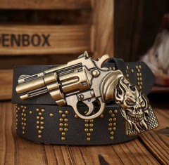 Western Cowboy Belt Buckle Revolver Gun With Skull & Faux Leather Belt Set Men’s