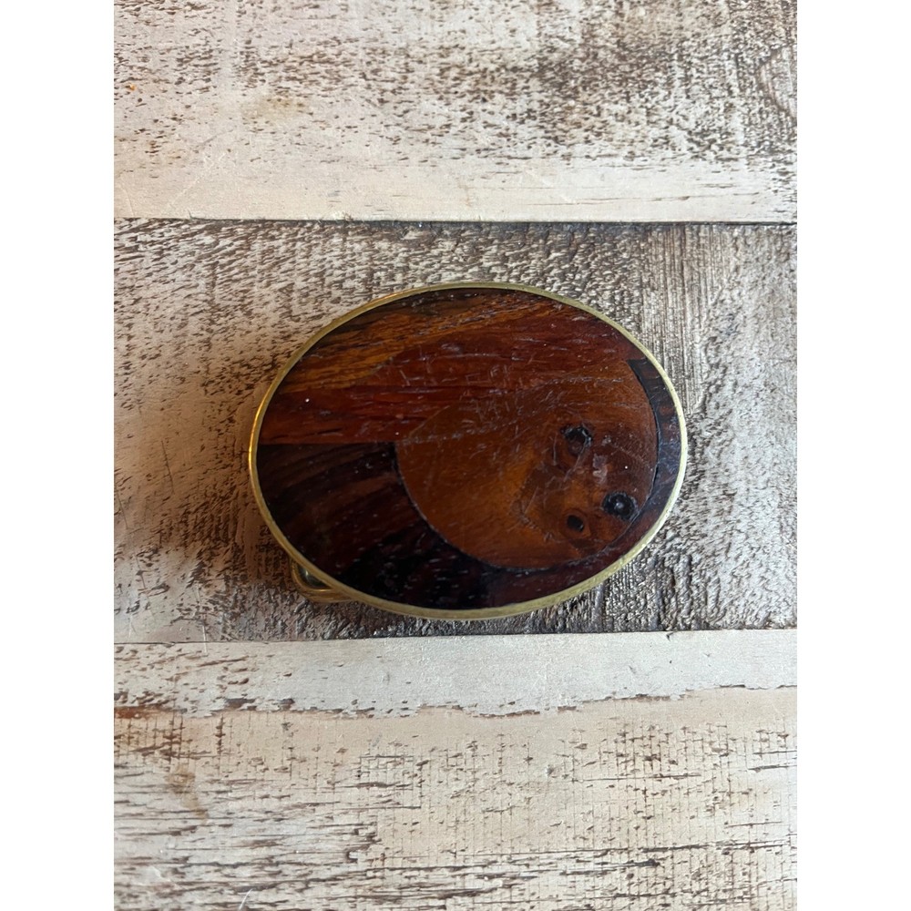 Vintage Wooden Inlay Belt Buckle Brass Trim Oval Shaped Signed Jerry Evans