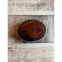 Vintage Wooden Inlay Belt Buckle Brass Trim Oval Shaped Signed Jerry Evans