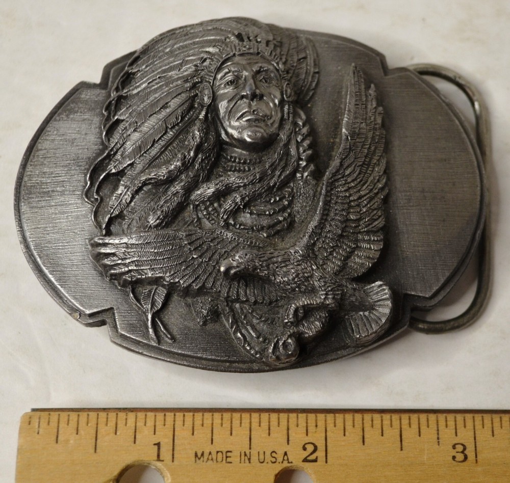 1989 SISKIYOU INDIAN CHIEF JOSEPH & EAGLE PEWTER BELT BUCKLE USA