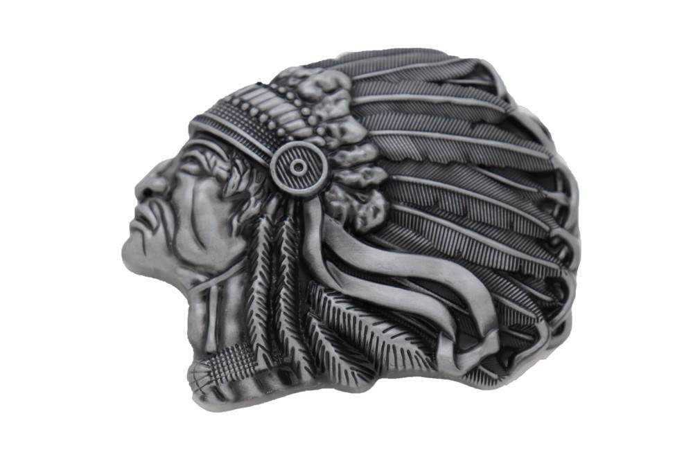 Men Women Dark Silver Metal Buckle Native American Indian Face Western Fashion