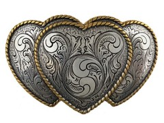 WESTERN ANTIQUE GOLD ROPE EDGE TRIPLE HEART ENGRAVED BELT BUCKLE