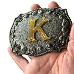 Vintage WMG Western Belt Buckle Initial K Cowboy Rodeo Floral Scroll Rope Edge