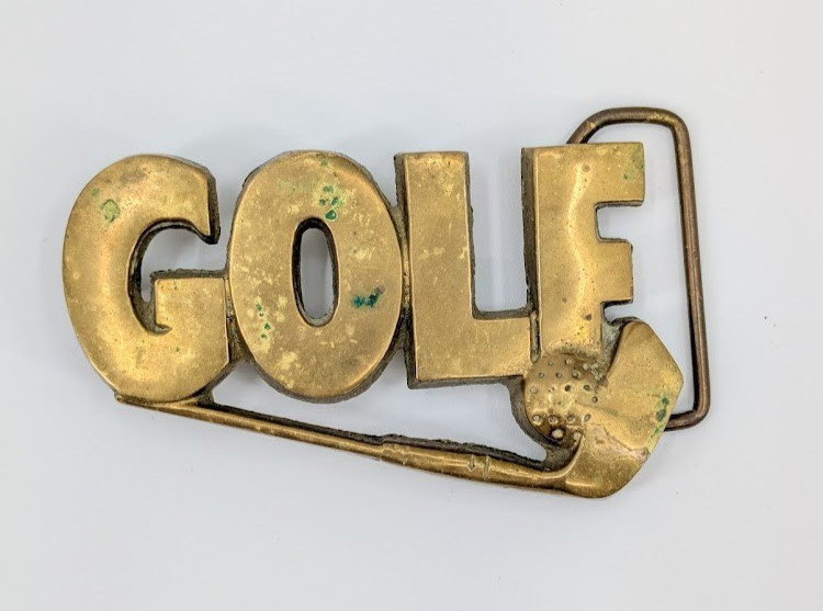 Vintage Golf Word Belt Buckle Solid Brass Taiwan ROC 4222 Patina