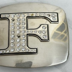 Rhinestone Studded F Letter Initial Monogram Silver Tone Belt Buckle