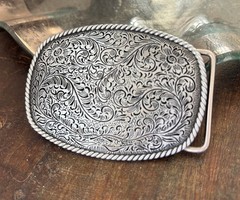 Engraved Silver Belt Buckle Western Rodeo Rope Border Cowboy Style Heavy Duty